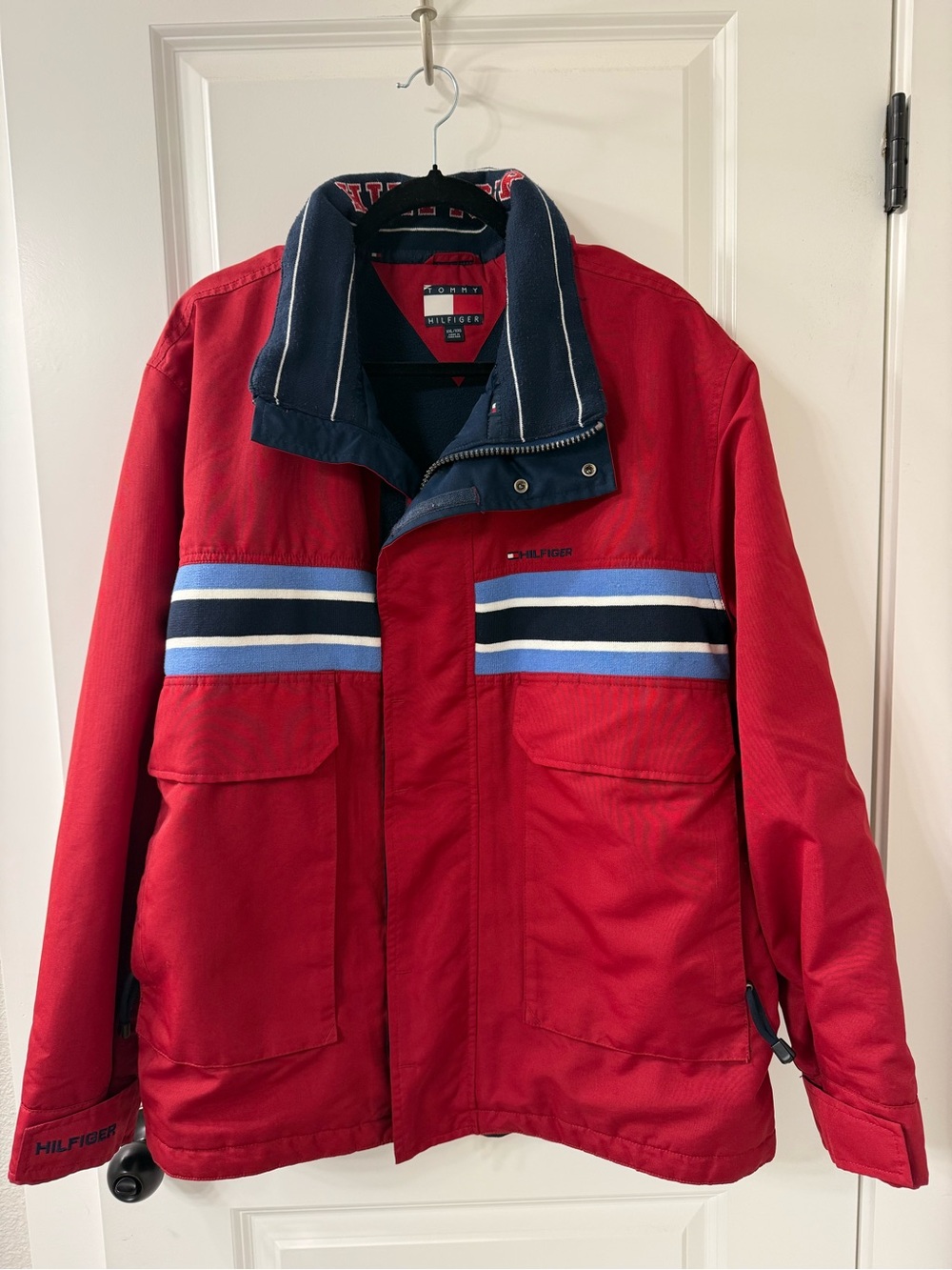Tommy Hilfiger 90s Red Windbreaker Jacket with Navy and Light Blue Stripes